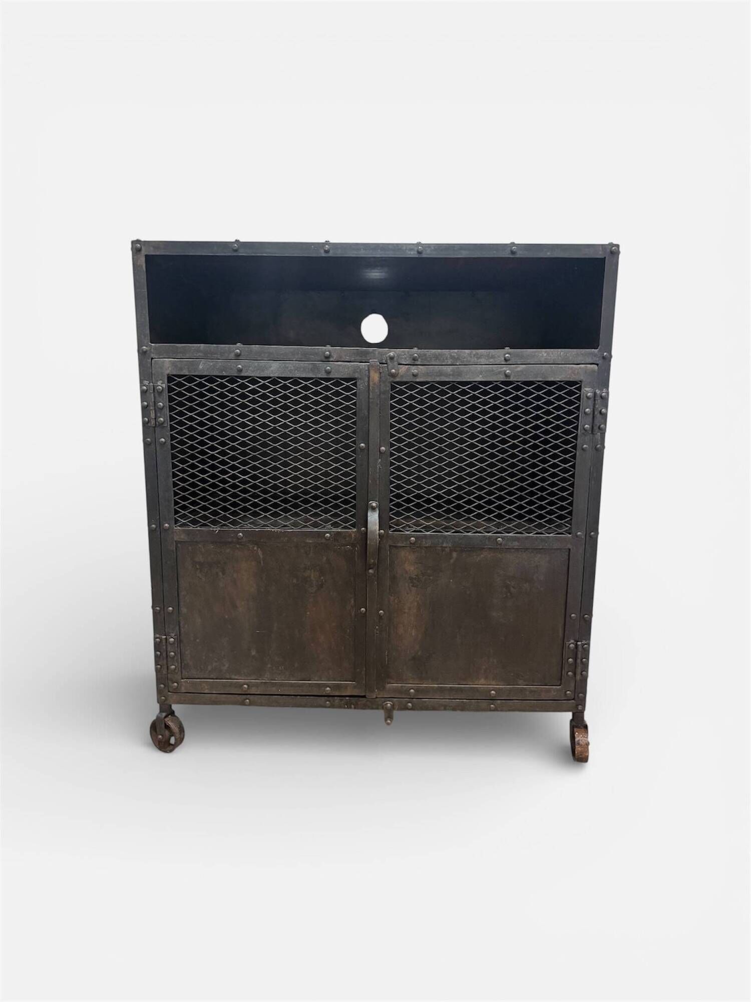 Industrial Vintage Metal Bar Cabinet in Iron and Steel with Mesh Doors