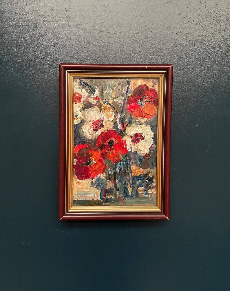 Swedish Oil on Canvas“Red Poppies and White Blossoms” by L. Stokes, Vintage