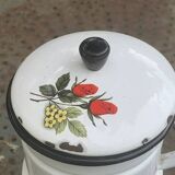 Coffee pot, in enamelled iron with patterns of red roses and white flowers, with filter, old