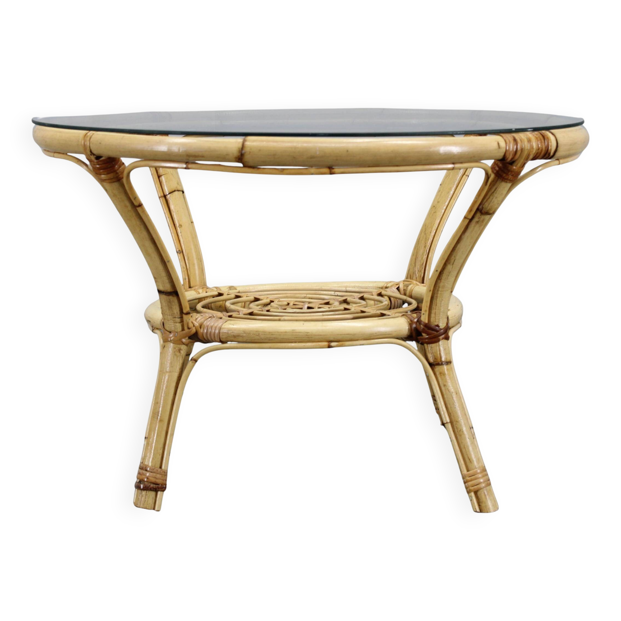 1960s Italian rattan round table with glass top