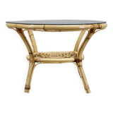 1960s Italian rattan round table with glass top