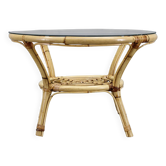 1960s Italian rattan round table with glass top