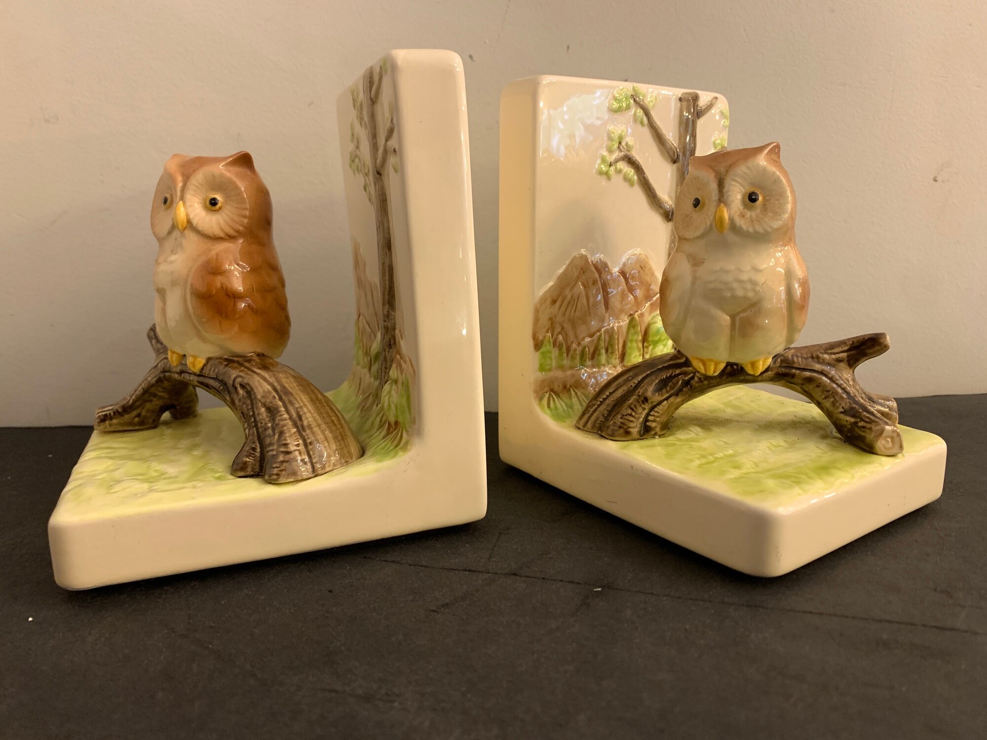 Pair of owl Japanese ceramic book greenhouses, 1980