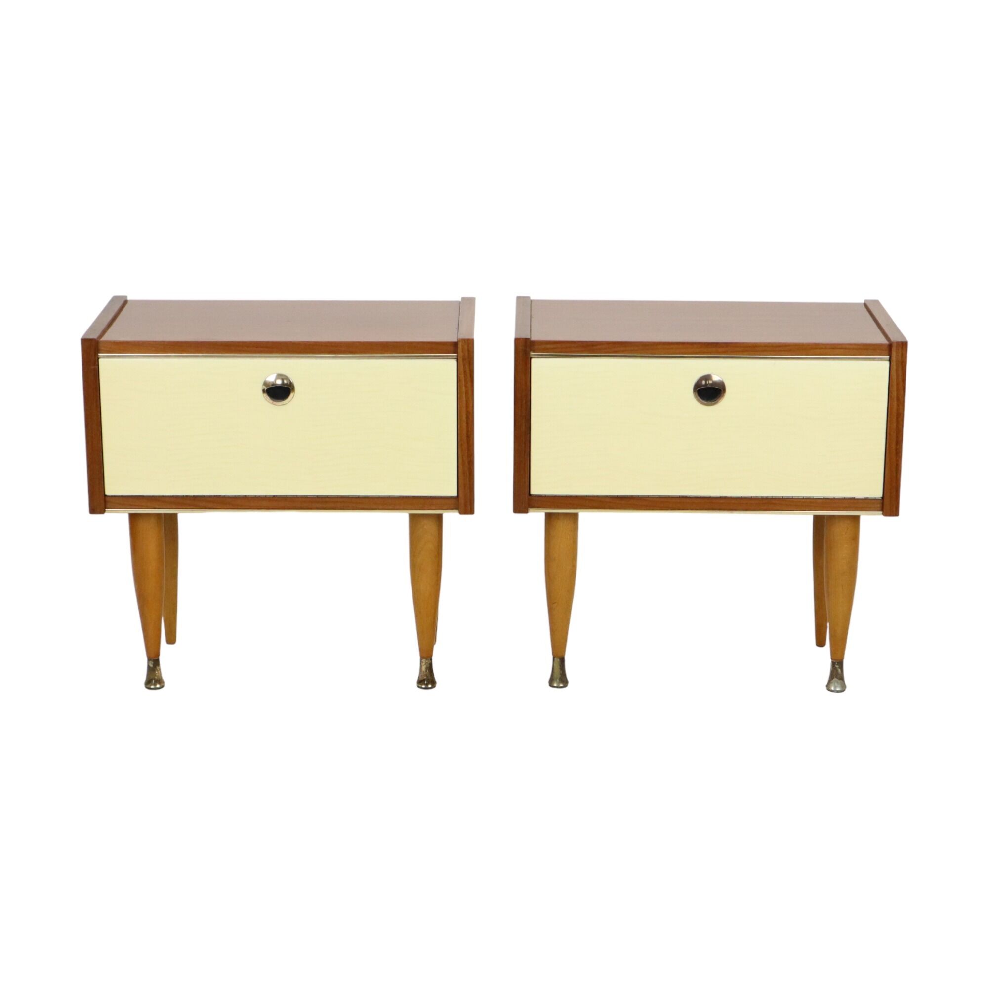 Pair of vintage wooden bedside tables hinged door conical 1960s design