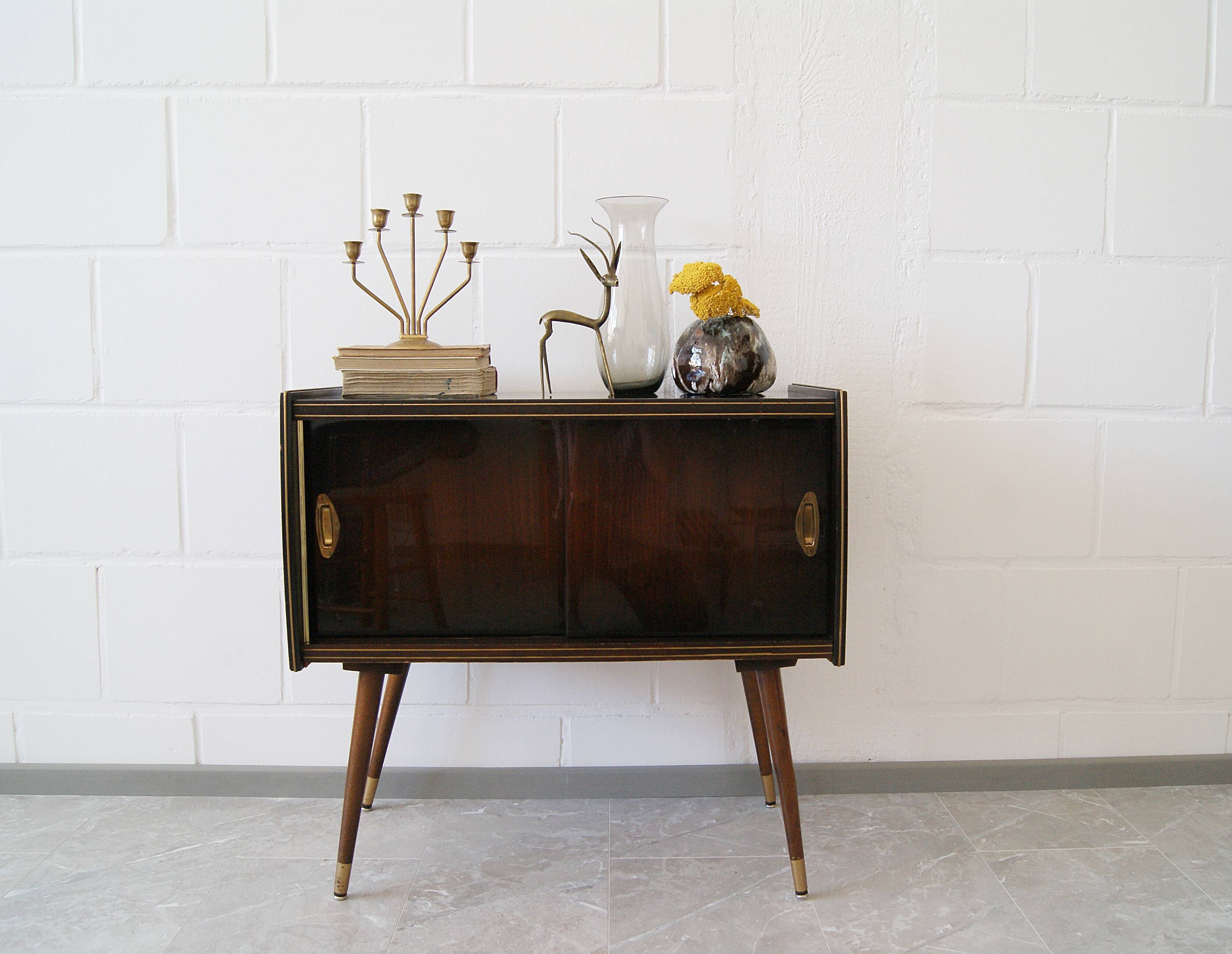 50s dresser, small sideboard wood brass