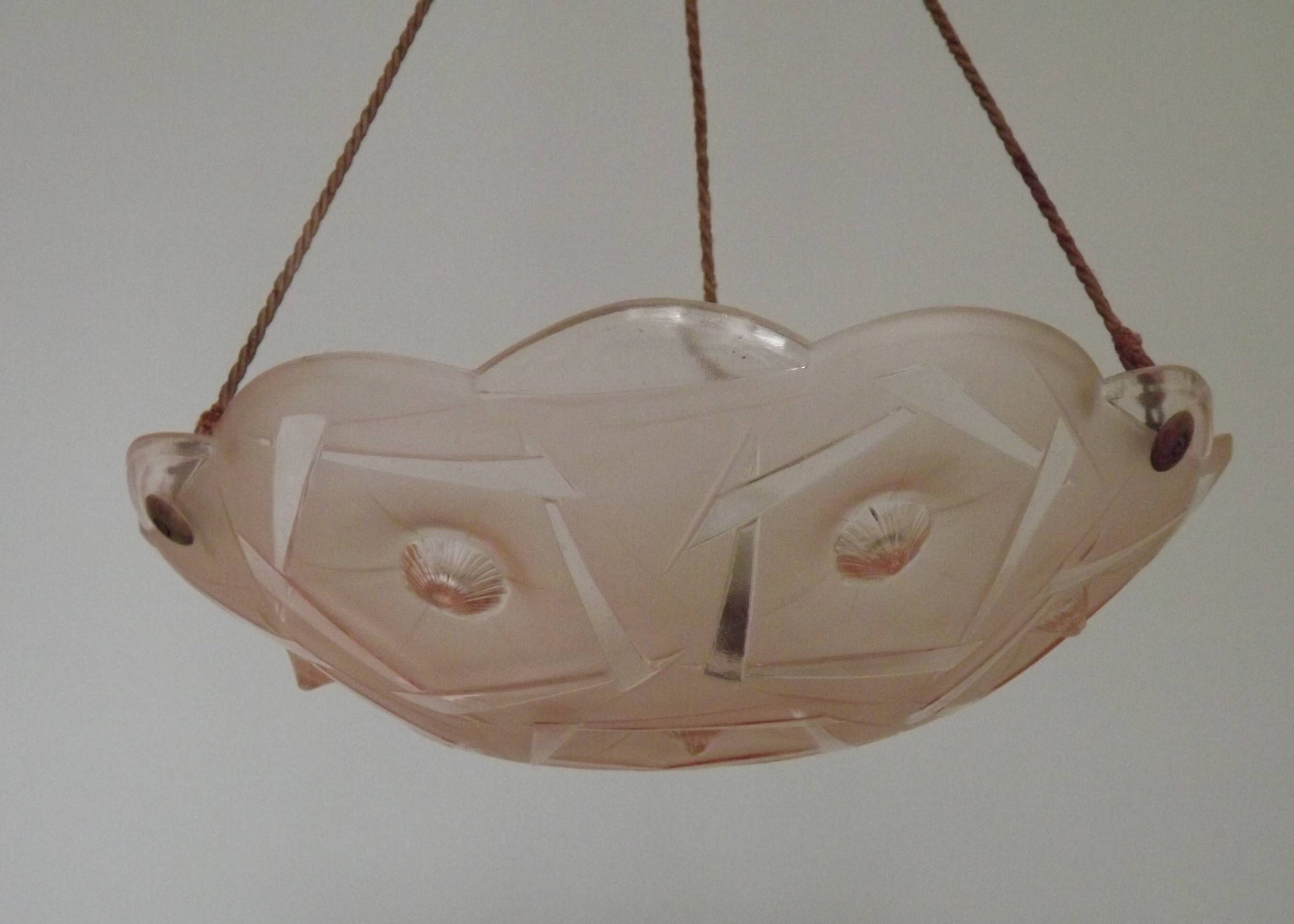 French Art Deco Stamped 1053 Pink Glass Plafonnier Hanging Light Pink Ropes