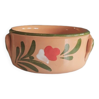 Round glazed terracotta dish with hand-painted floral decoration