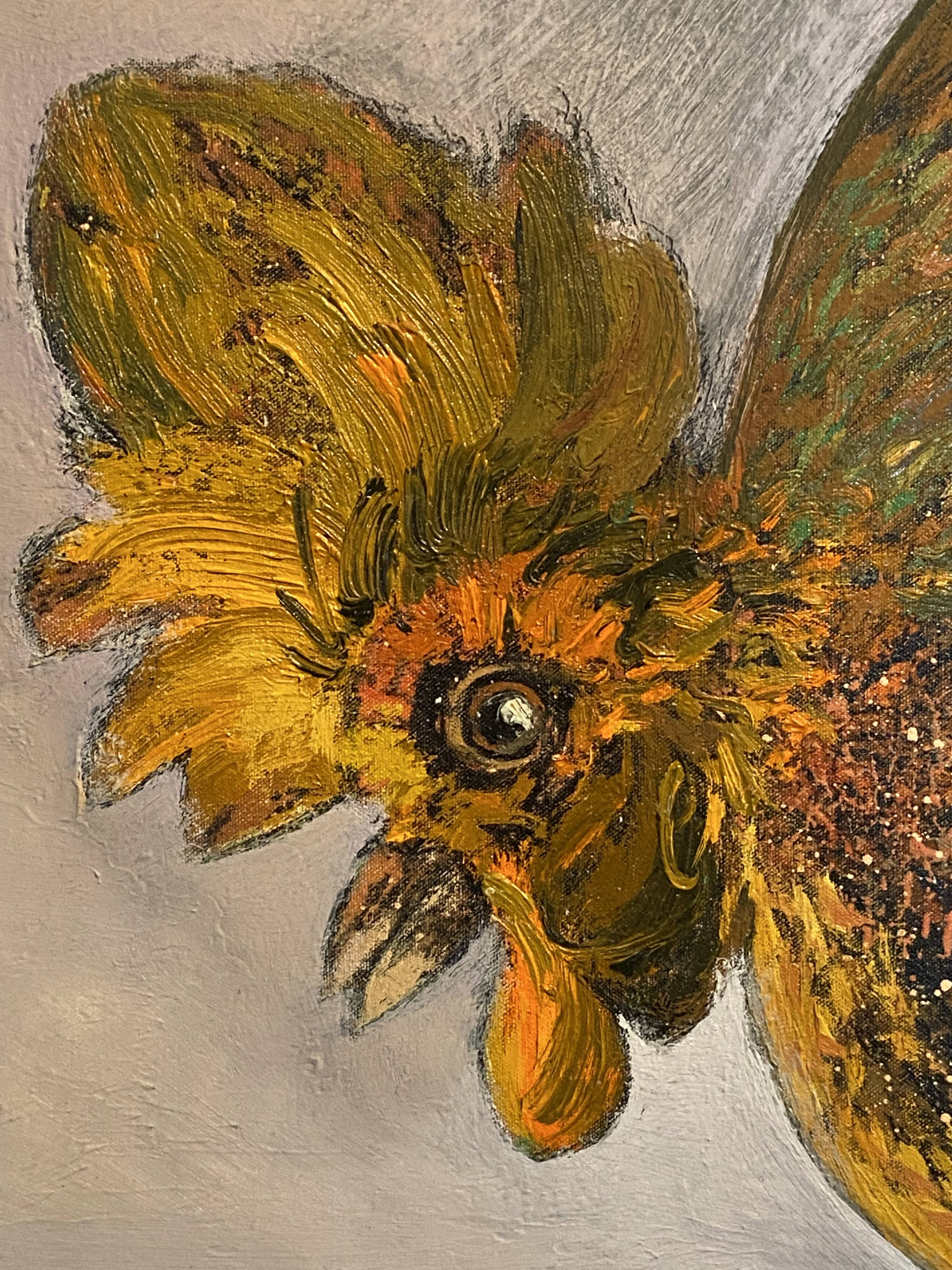 Large oil painting on canvas of a cockfight by Yves BOUGEARD
