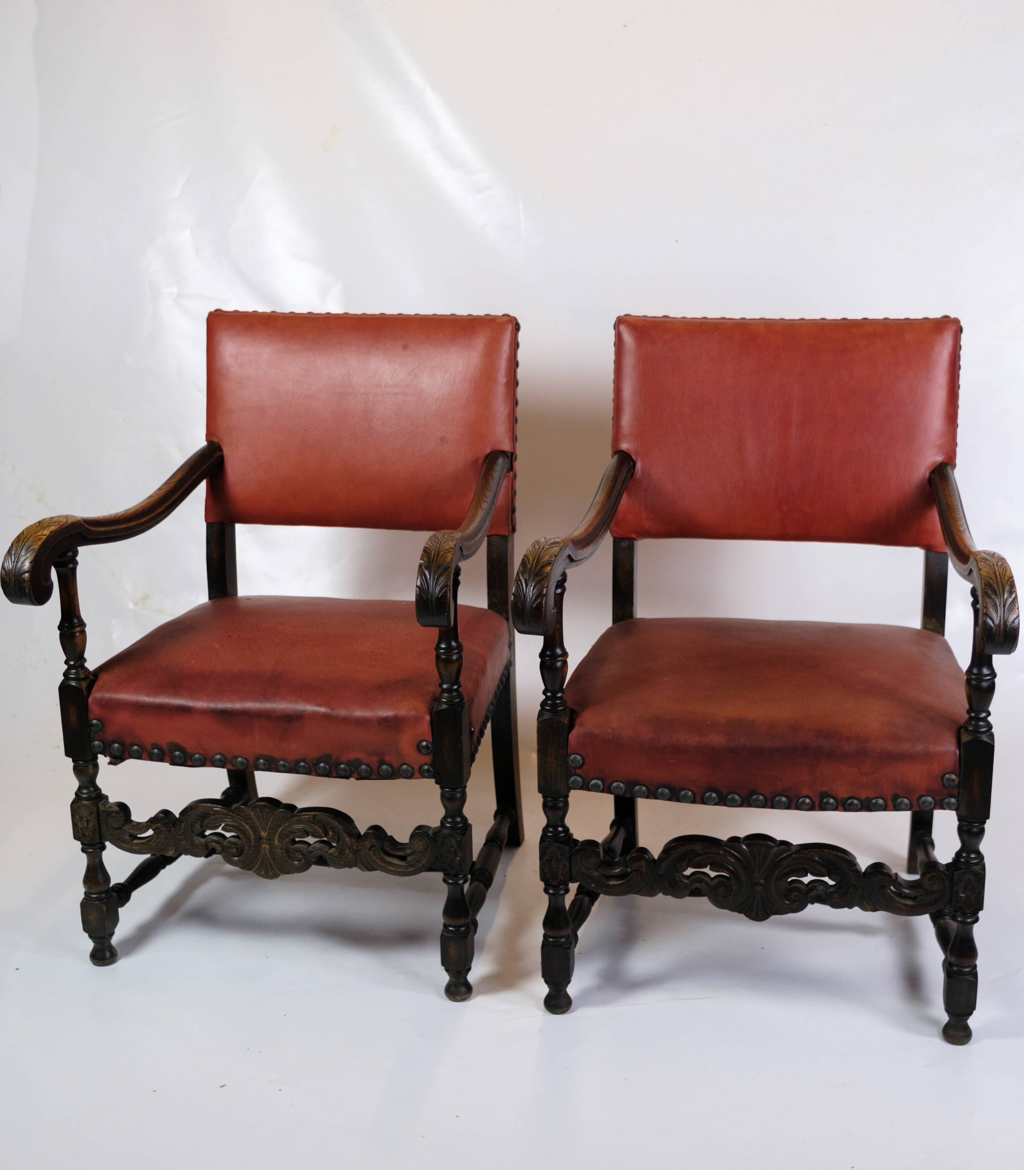Set Of 2 Antique Armchairs Made In Oak & Red Leather From 1930s