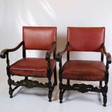 Ensemble de 2 fauteuils anciens en chêne et cuir rouge des années 1930