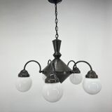 Art deco metal and milk glass chandelier, 1930's