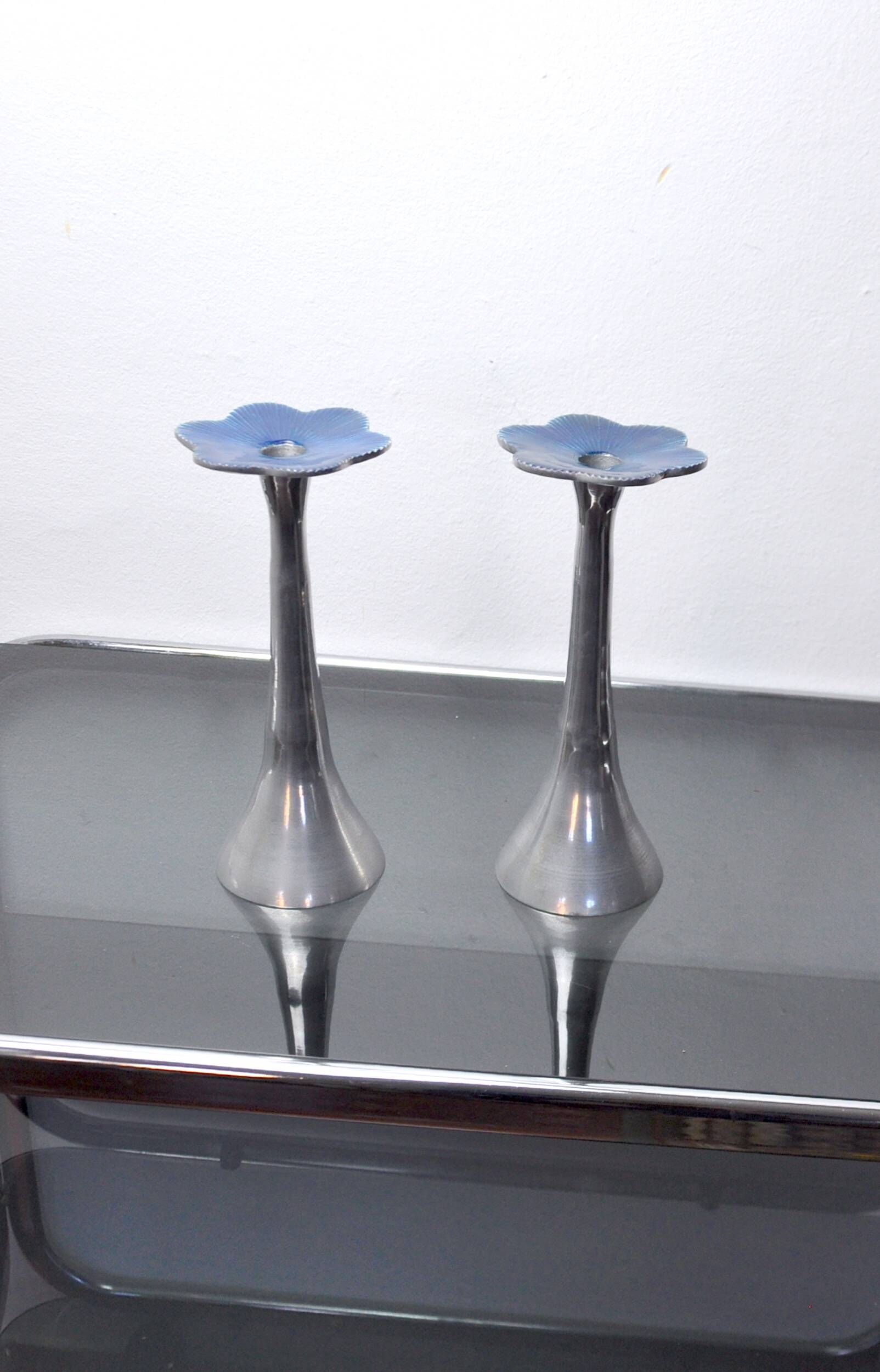 Pair of floral candlesticks by art3, aluminum and blue enameled ceramic, spain, 1980