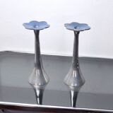 Pair of floral candlesticks by art3, aluminum and blue enameled ceramic, spain, 1980