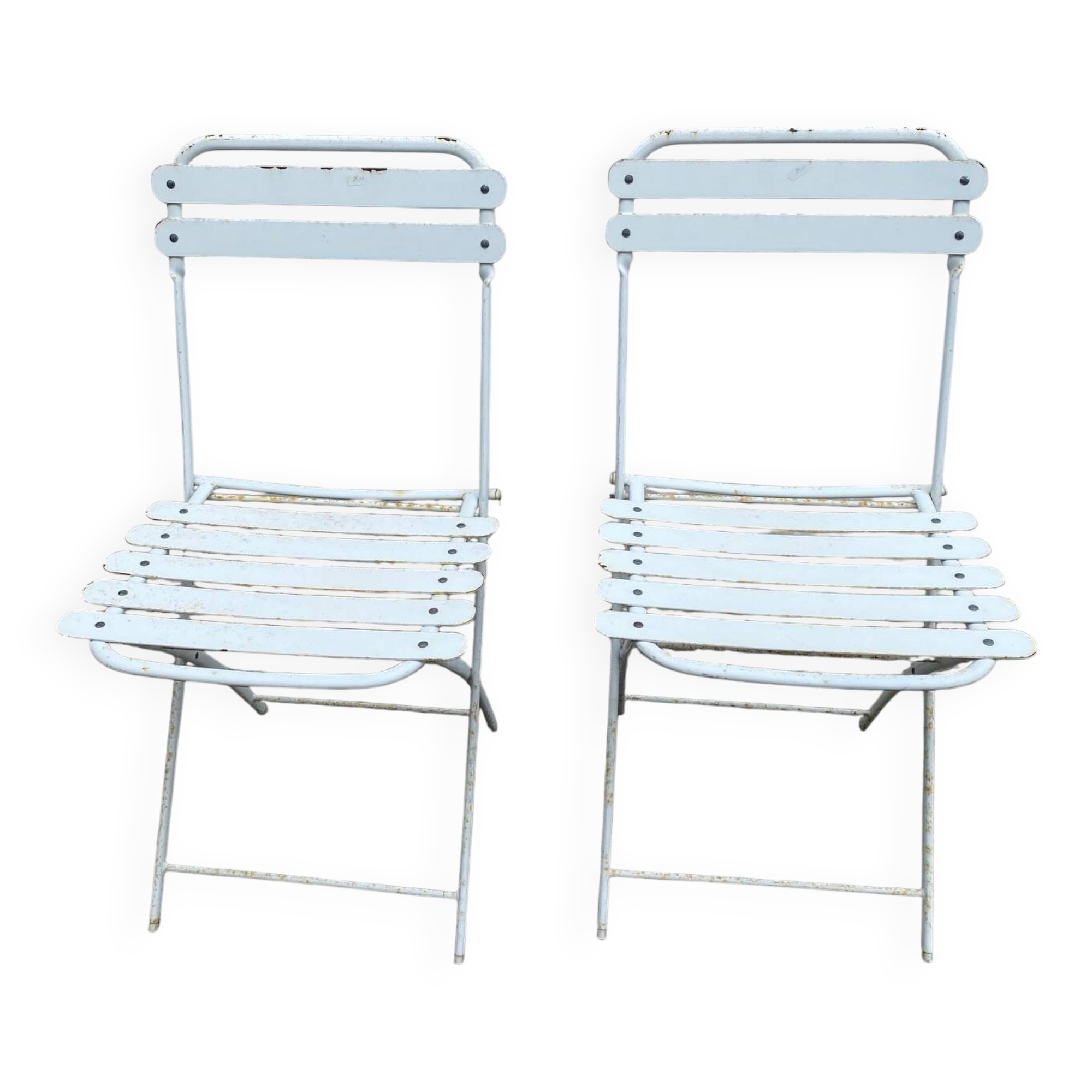 Pair of 80s folding garden chairs in white metal