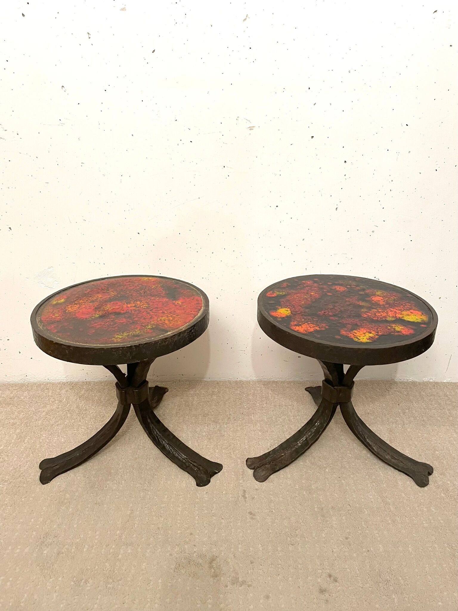 Pair of brutalist side tables, steel and ceramic, 1970