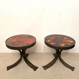 Pair of brutalist side tables, steel and ceramic, 1970