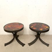 Paire de tables d’appoint brutalistes, acier et céramique, 1970