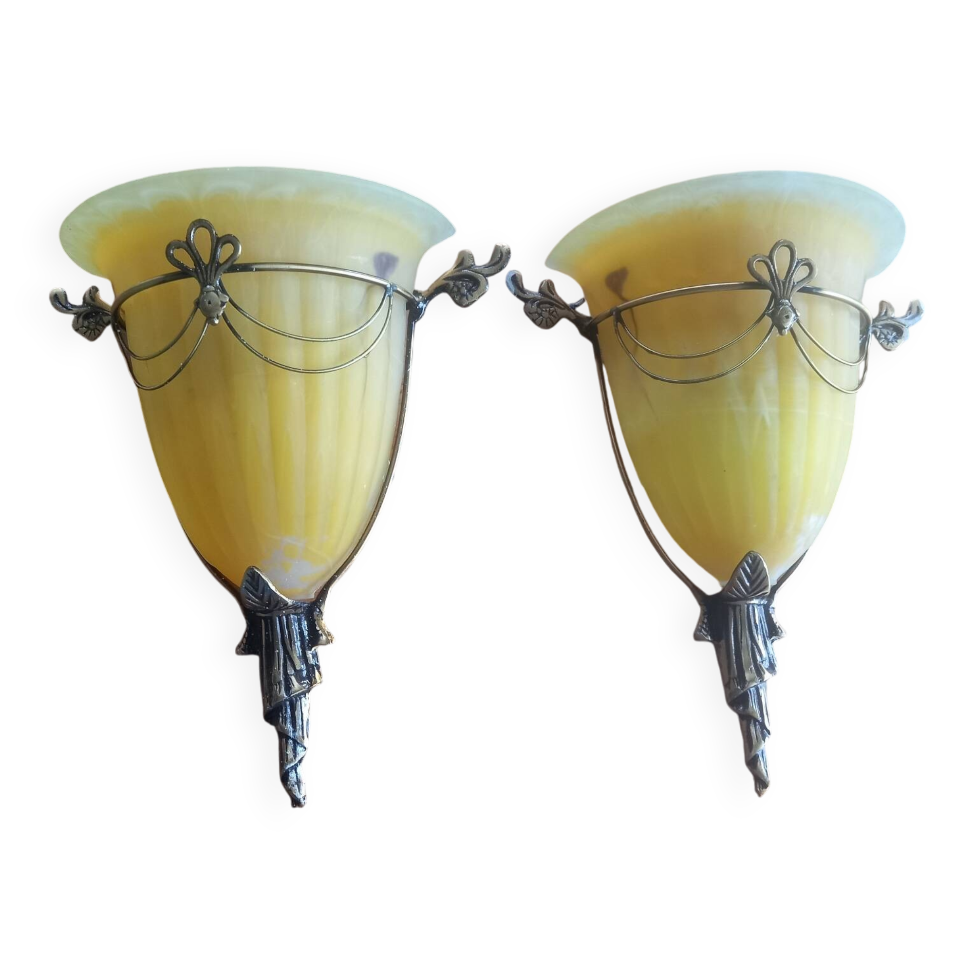 Art deco bronze wall lights with yellow glass