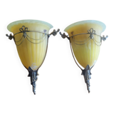 Art deco bronze wall lights with yellow glass