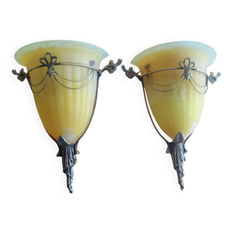 Art deco bronze wall lights with yellow glass