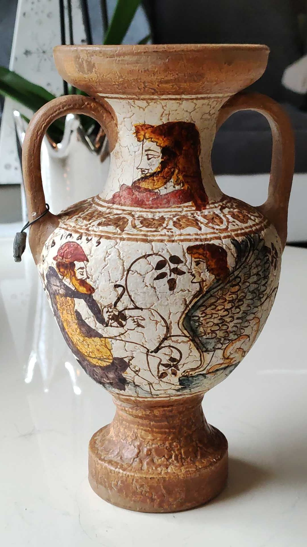 Reproduction Greek Amphora vase in terracotta, cracked effect - Greek Gods/Deities. Signed
