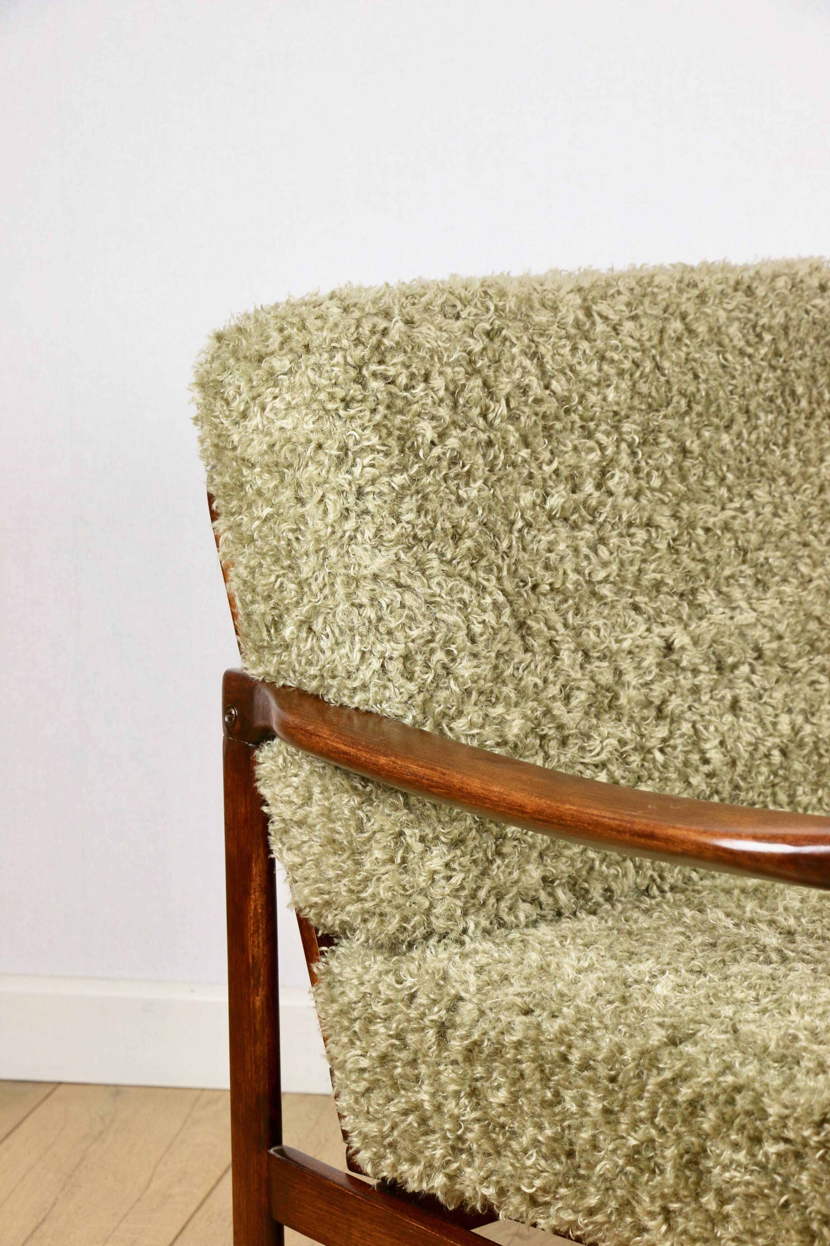 Wooden vintage brown armchair, olive green long hair, design by Z. Bączyk - 2 pieces available