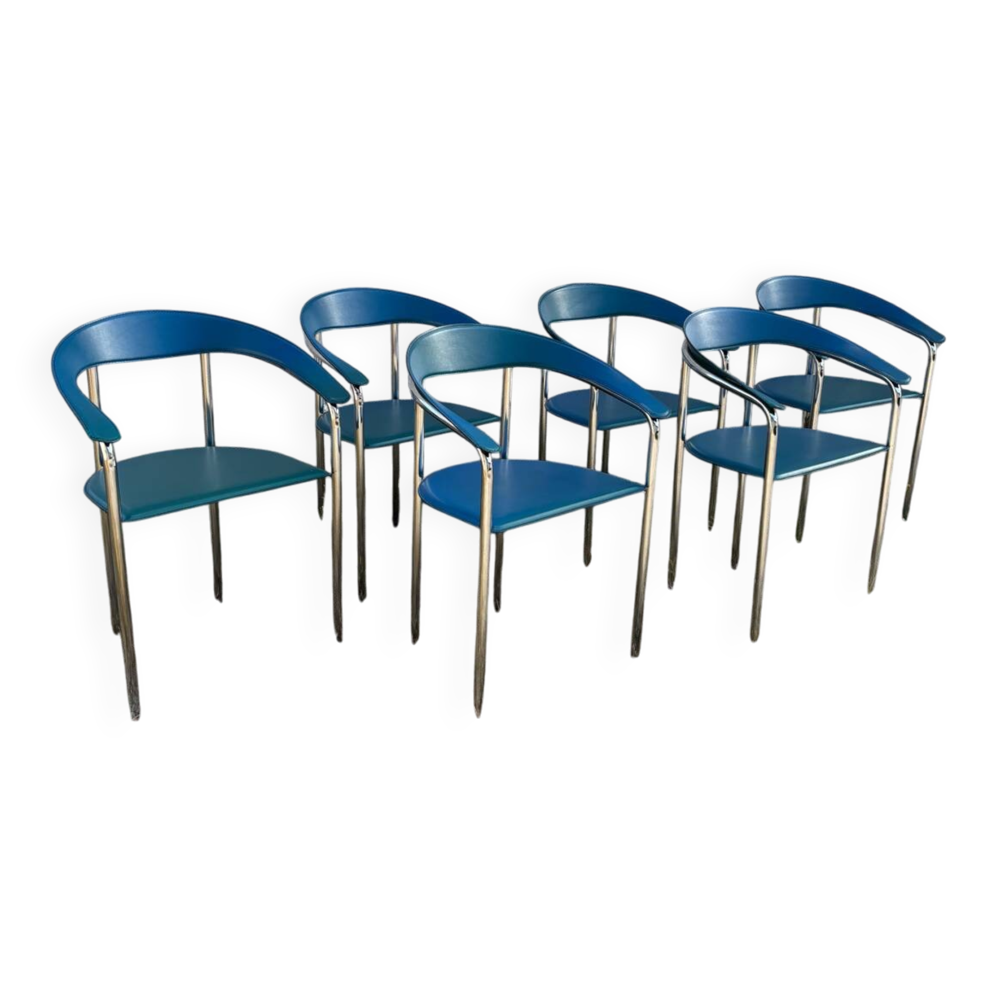 Set of 6 vintage Italian design chairs in leather and chrome metal.