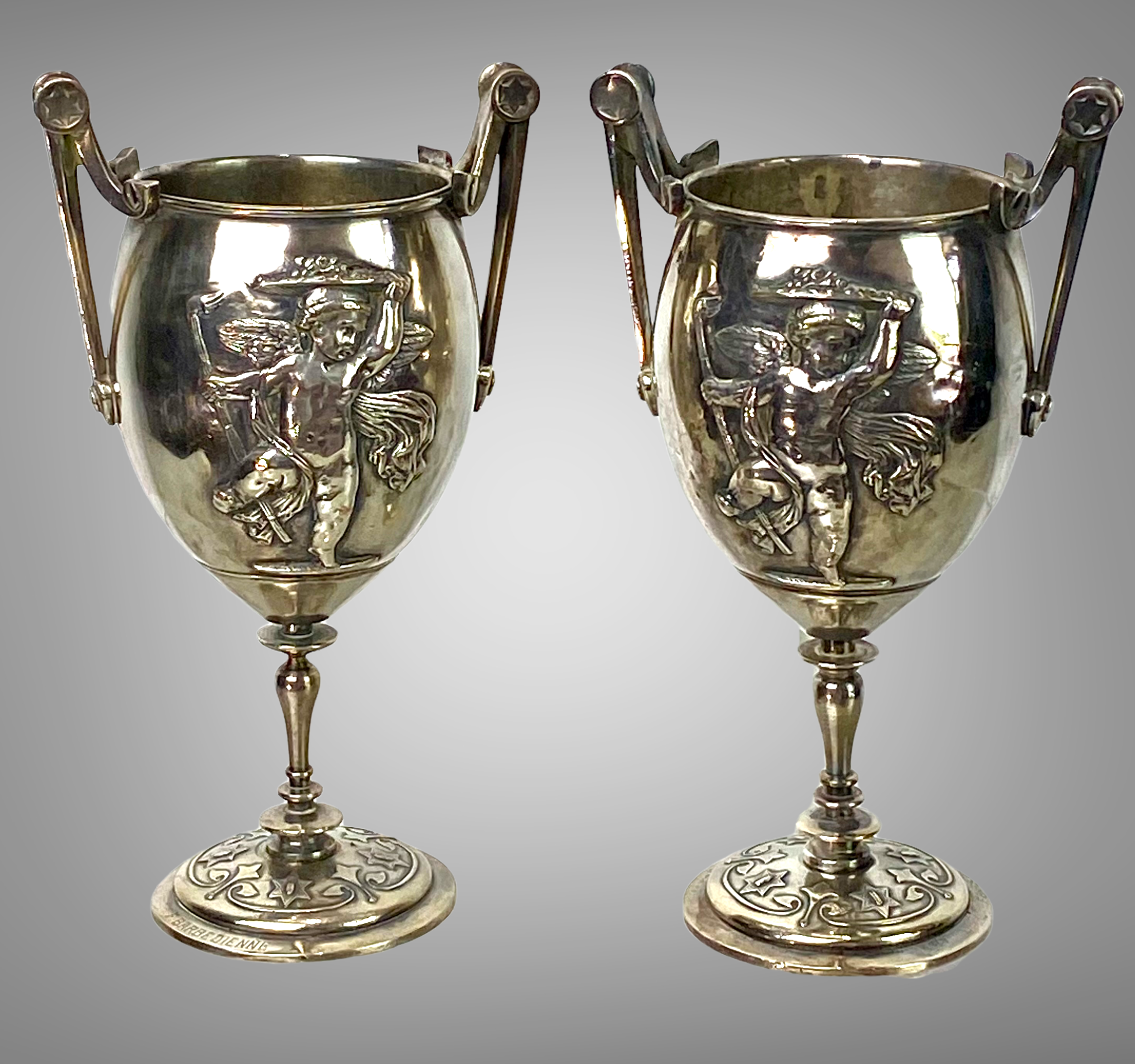 Ferdinand barbedienne 1810/ 1892 pair of silver bronze cups from the 19th to set de putti