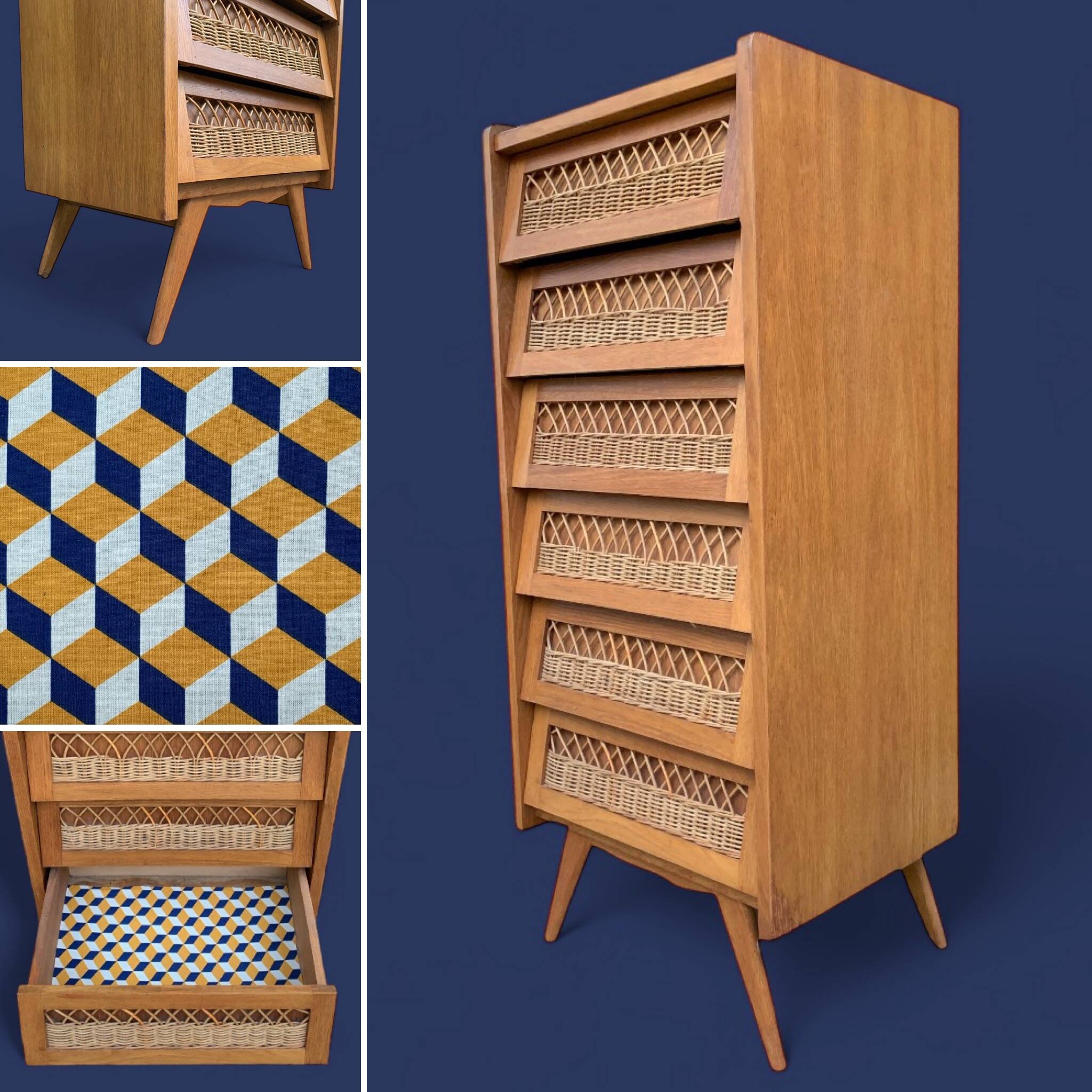 Vintage rattan chiffonier with compass feet 1950