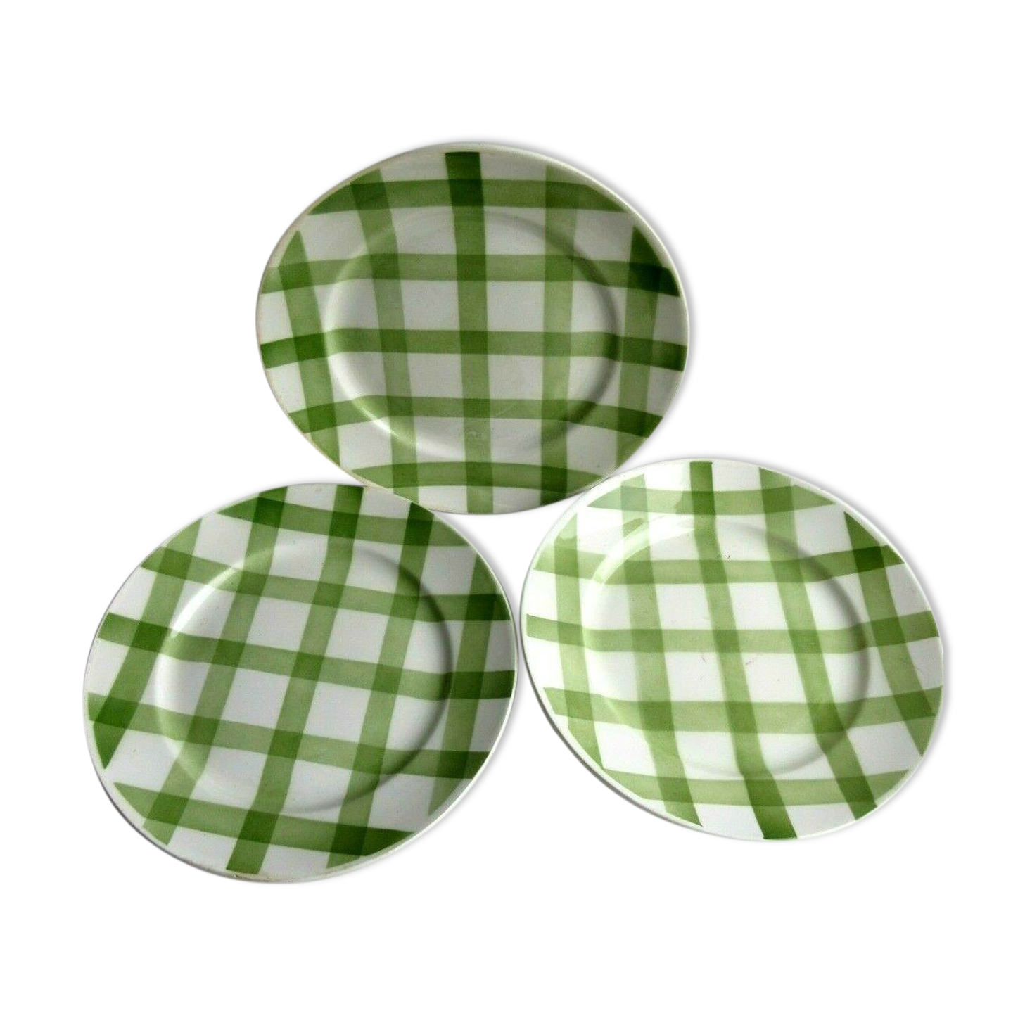 3 flat plates vintage art deco style, green checkered, Moulins des Loups