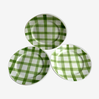 3 flat plates vintage art deco style, green checkered, Moulins des Loups
