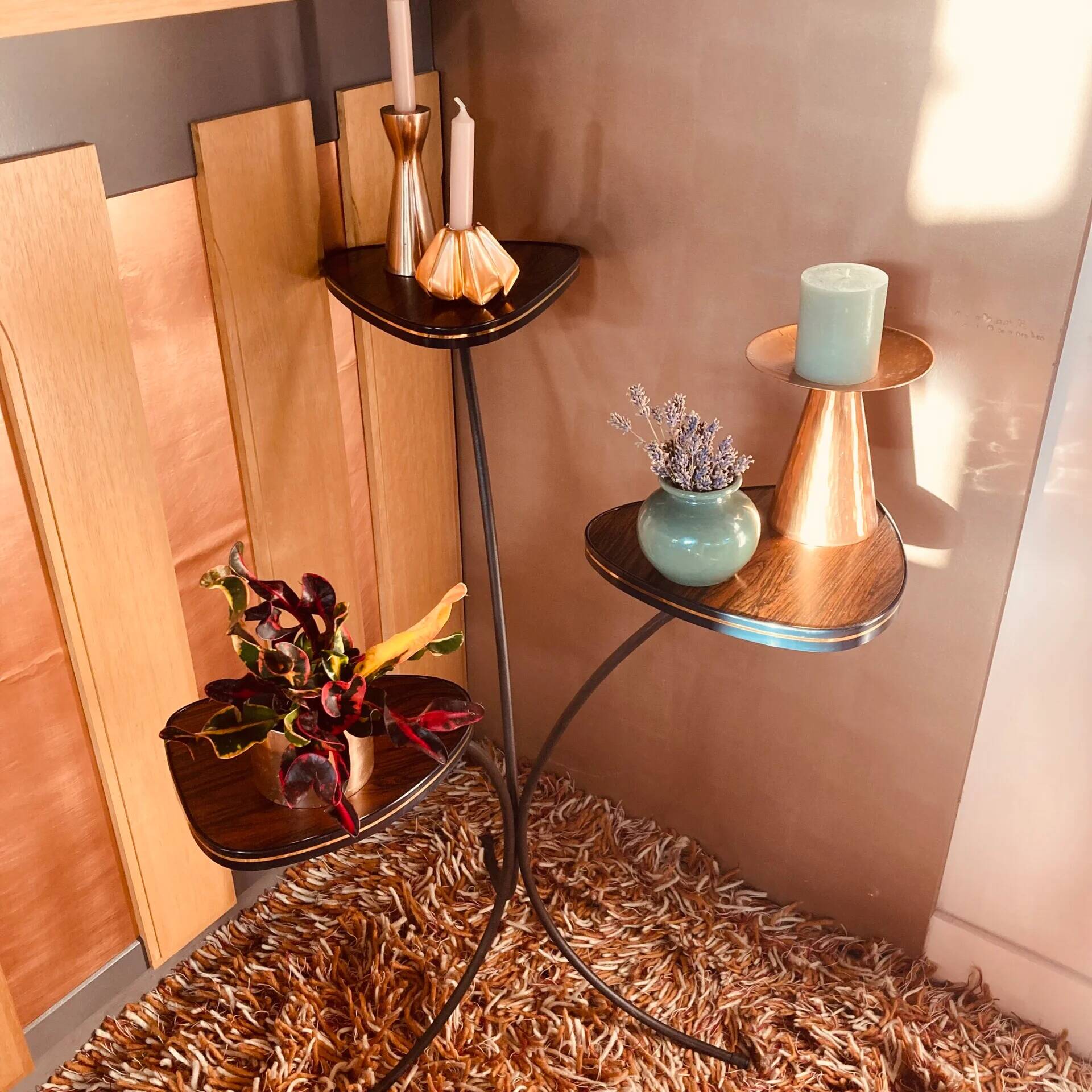 Retro plant table with levels, rosewood veneer, black trim