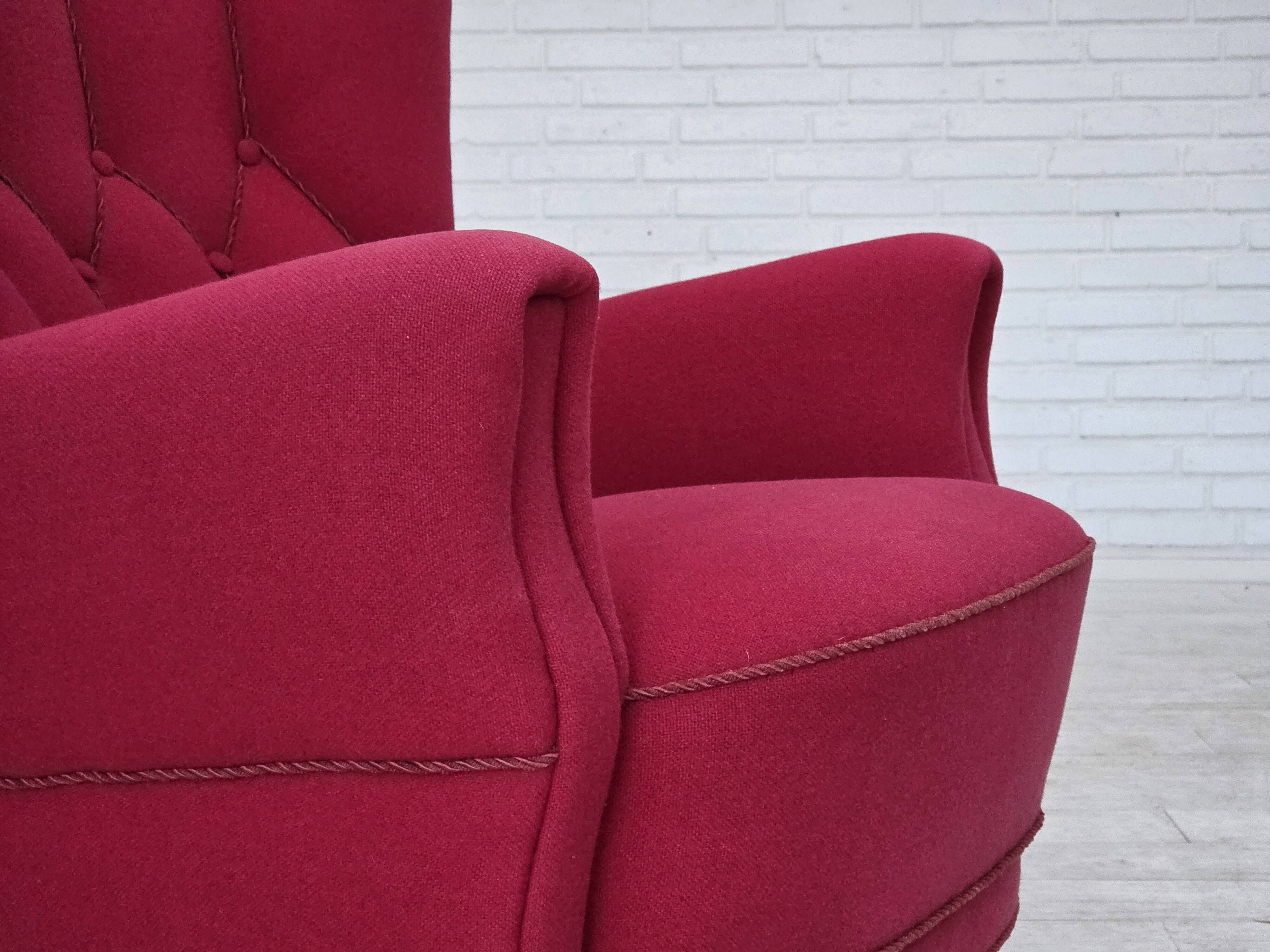 1960s, Danish armchair, furniture wool, beech wood logs.