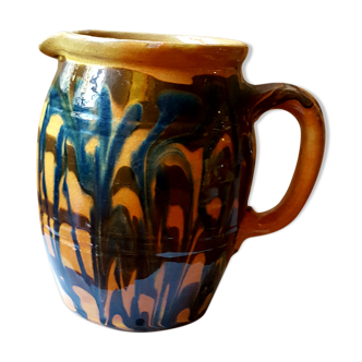 Pot pichet terre cuite vernissée jaspé émail à coulures, poterie art populaire ancien Savoie