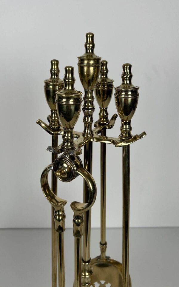 Nécessaire de Feu de Style Néoclassique en Laiton Poli à Outils à Anneaux