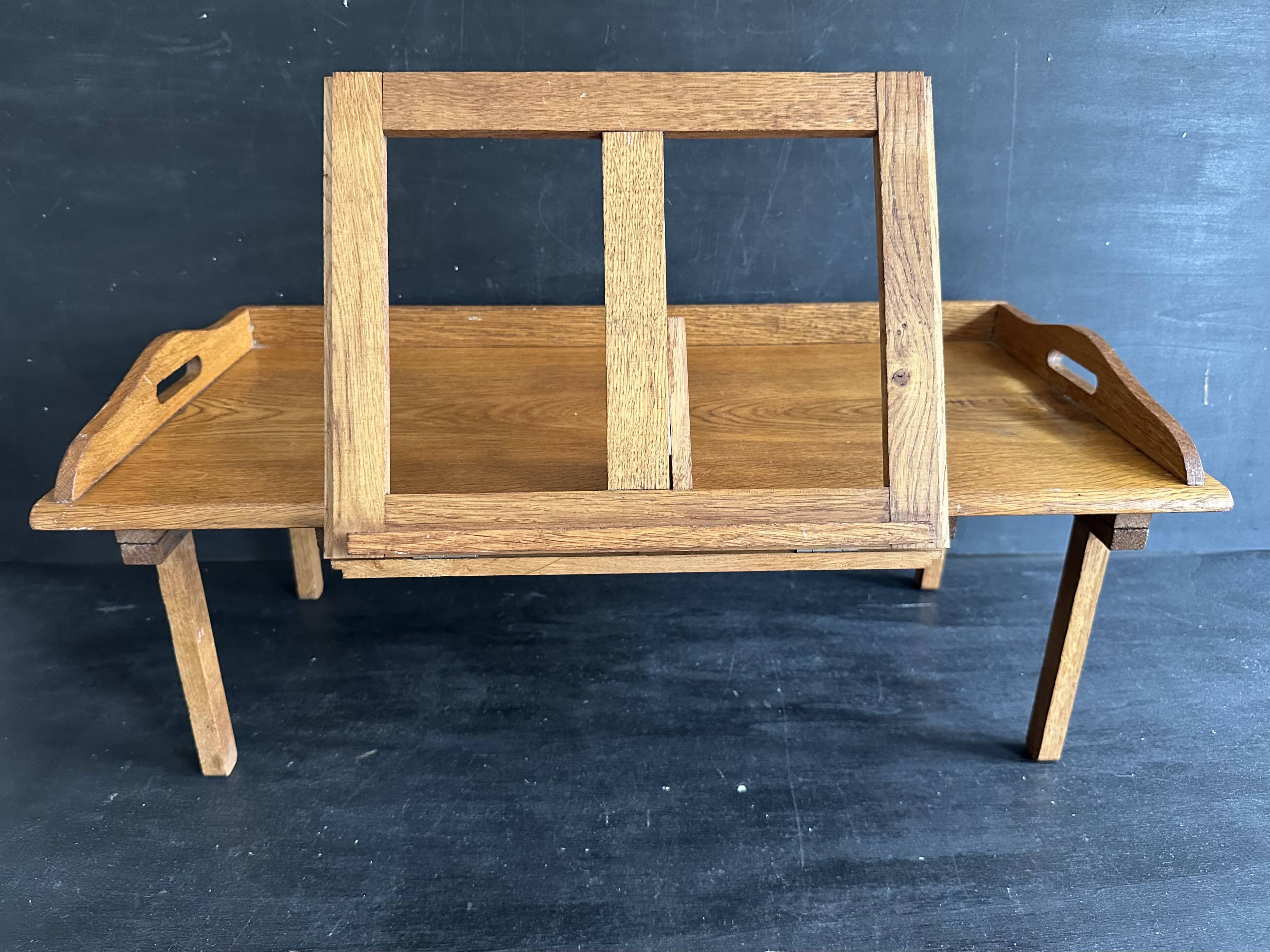 Manufrance wooden bedside table, folding tray with book holder.