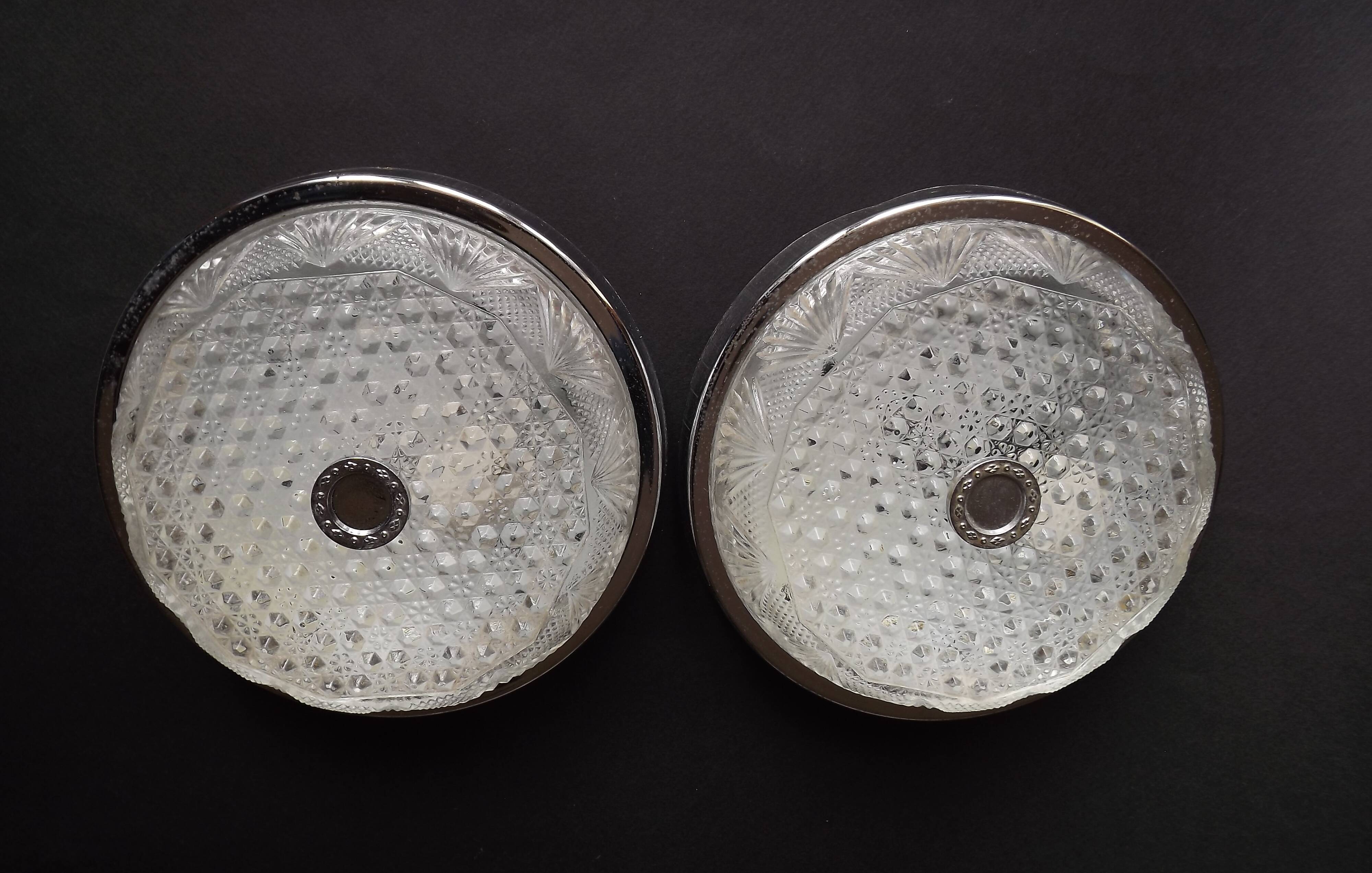 Pair of French Vintage Semi-Flush Cut Glass and Silver Metal Wall Lights