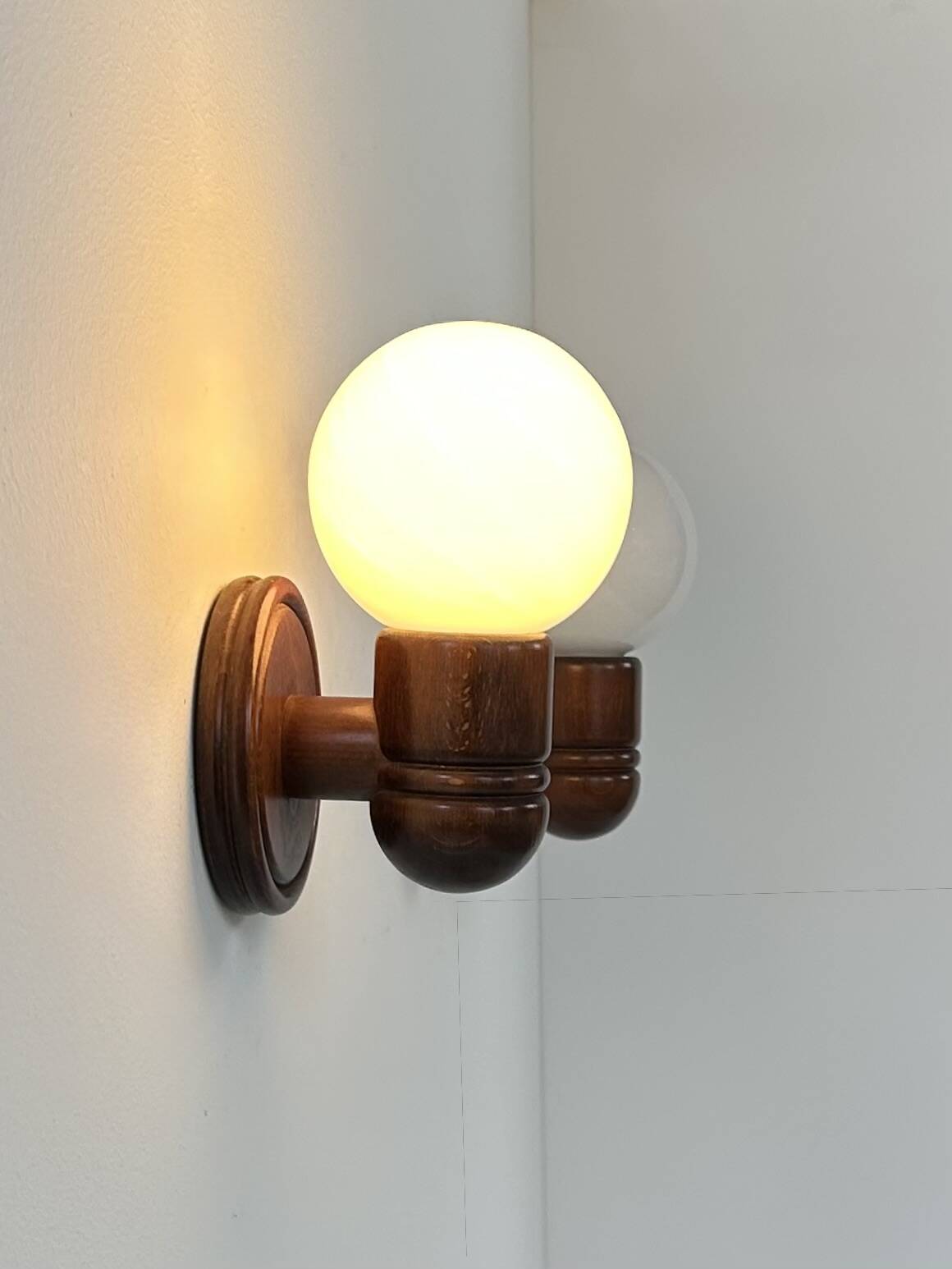 Vintage wall lights, pine and opaline, France, 1980.