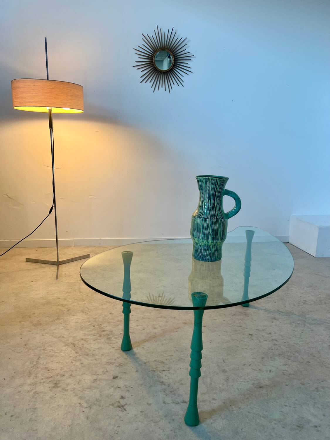 Old bean coffee table free form glass top Italian design 80s vintage