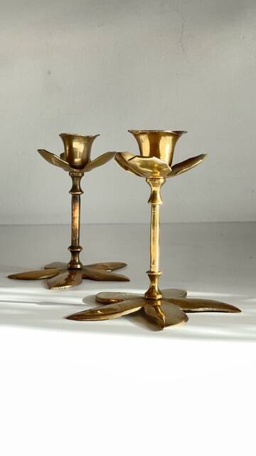 Pair of VINTAGE solid BRASS Flower CANDLE HOLDERS