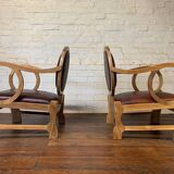 Pair of Hungarian Walnut & Leather Chairs by Lajos Kozma 1884-1948