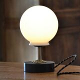 White vintage globe table lamp, black and gold finishes