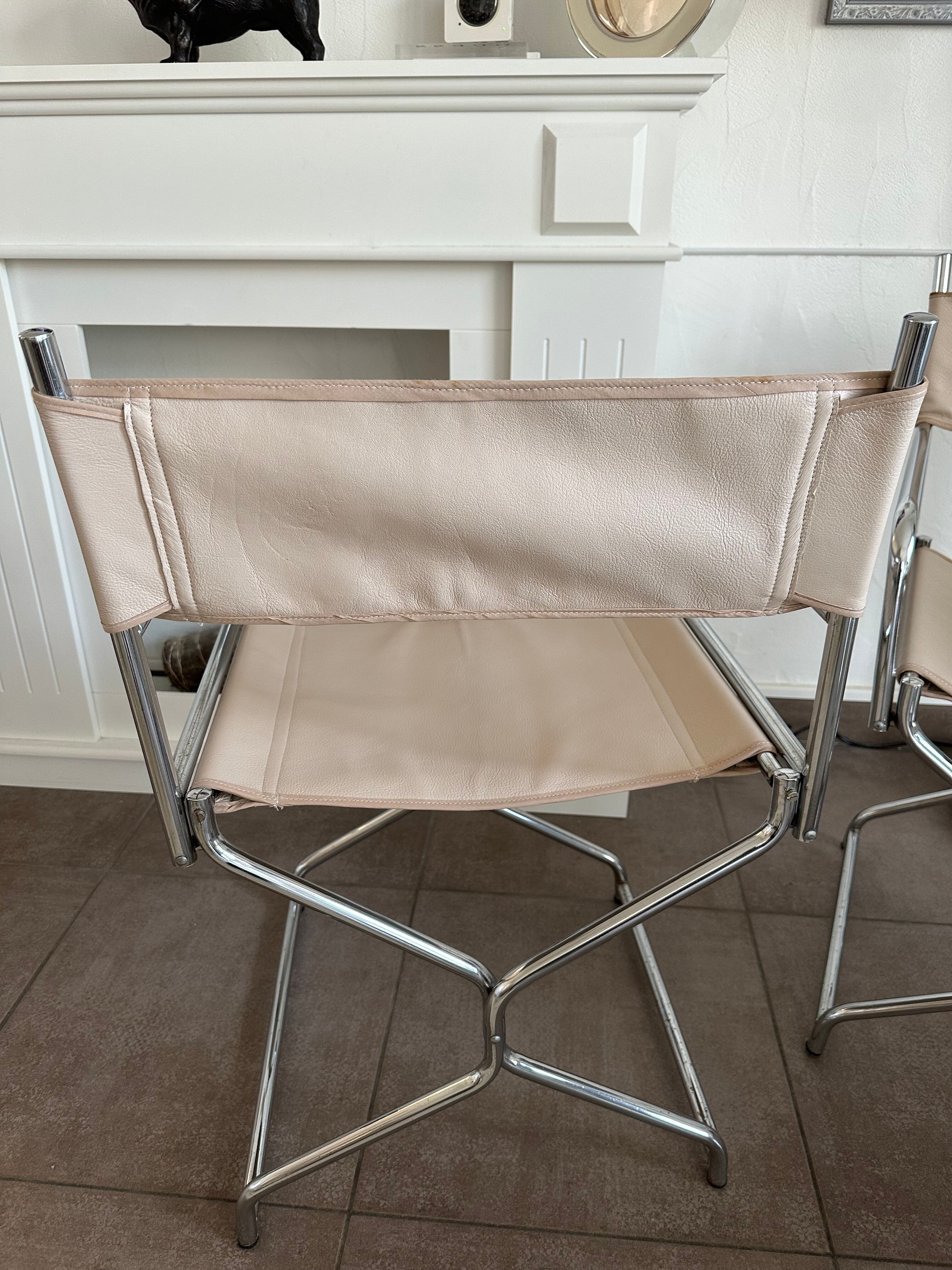 Chaise fauteuil vintage metteur en scène chrome & cuir beige