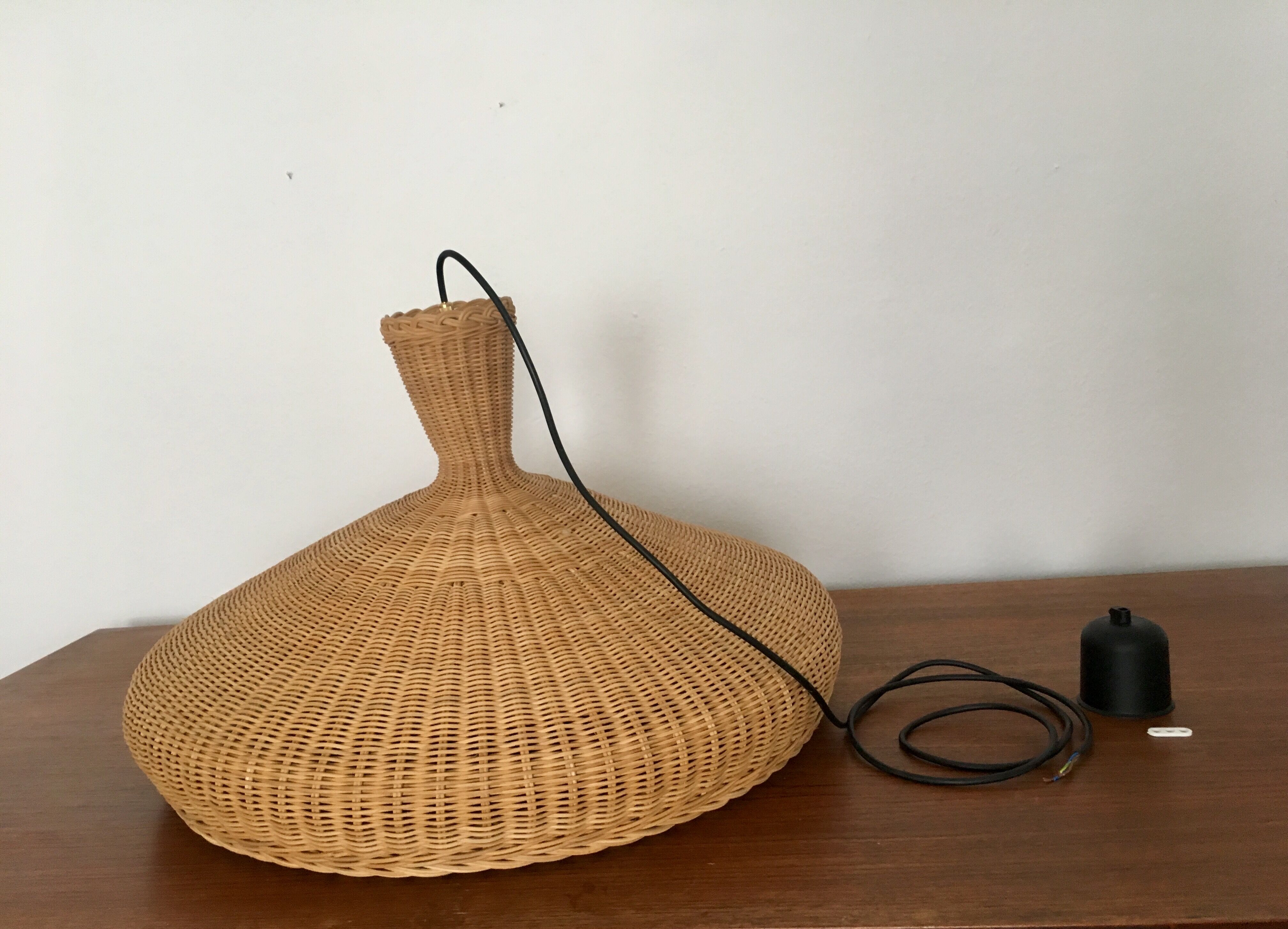 exceptional large Mid Century Modern wicker pendant lamp