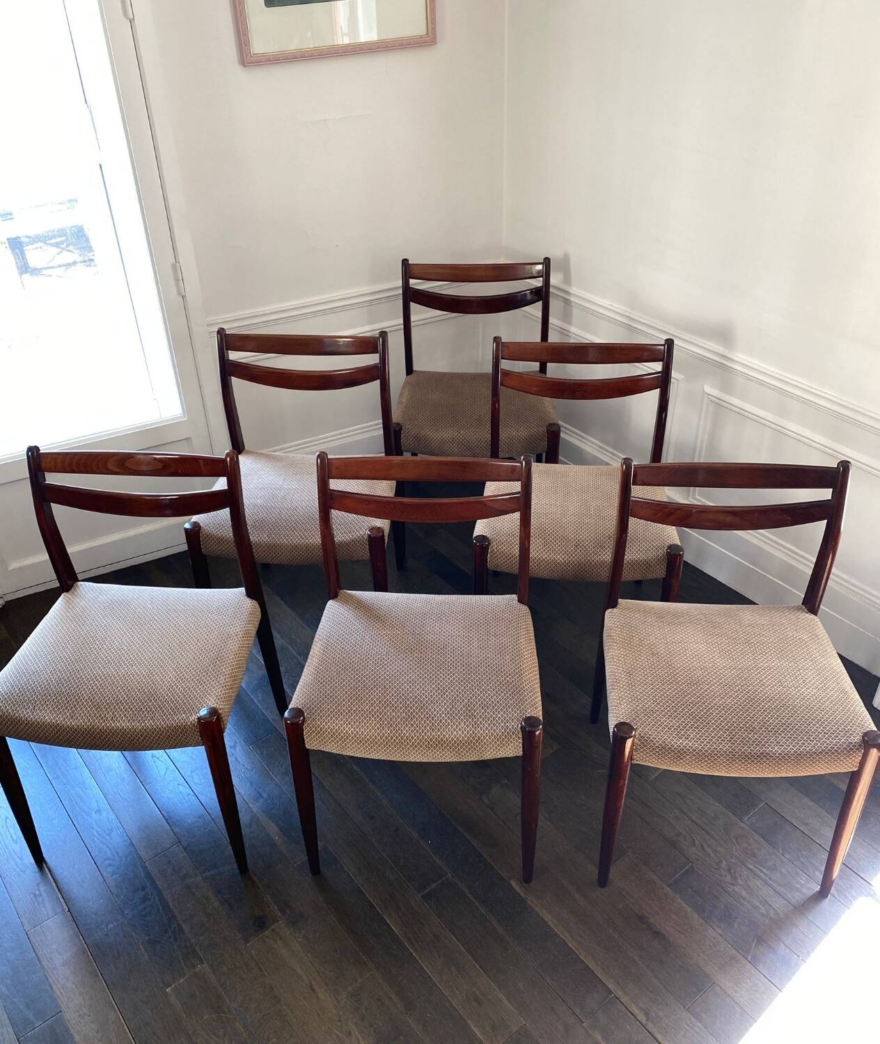 Set of 6 vintage Scandinavian chairs in Rio rosewood & beige mottled velvet 60's