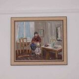 Original Swedish oil on canvas – “Figure in Interior” by Åke Wickström – vintage & framed – 57 × 66 cm