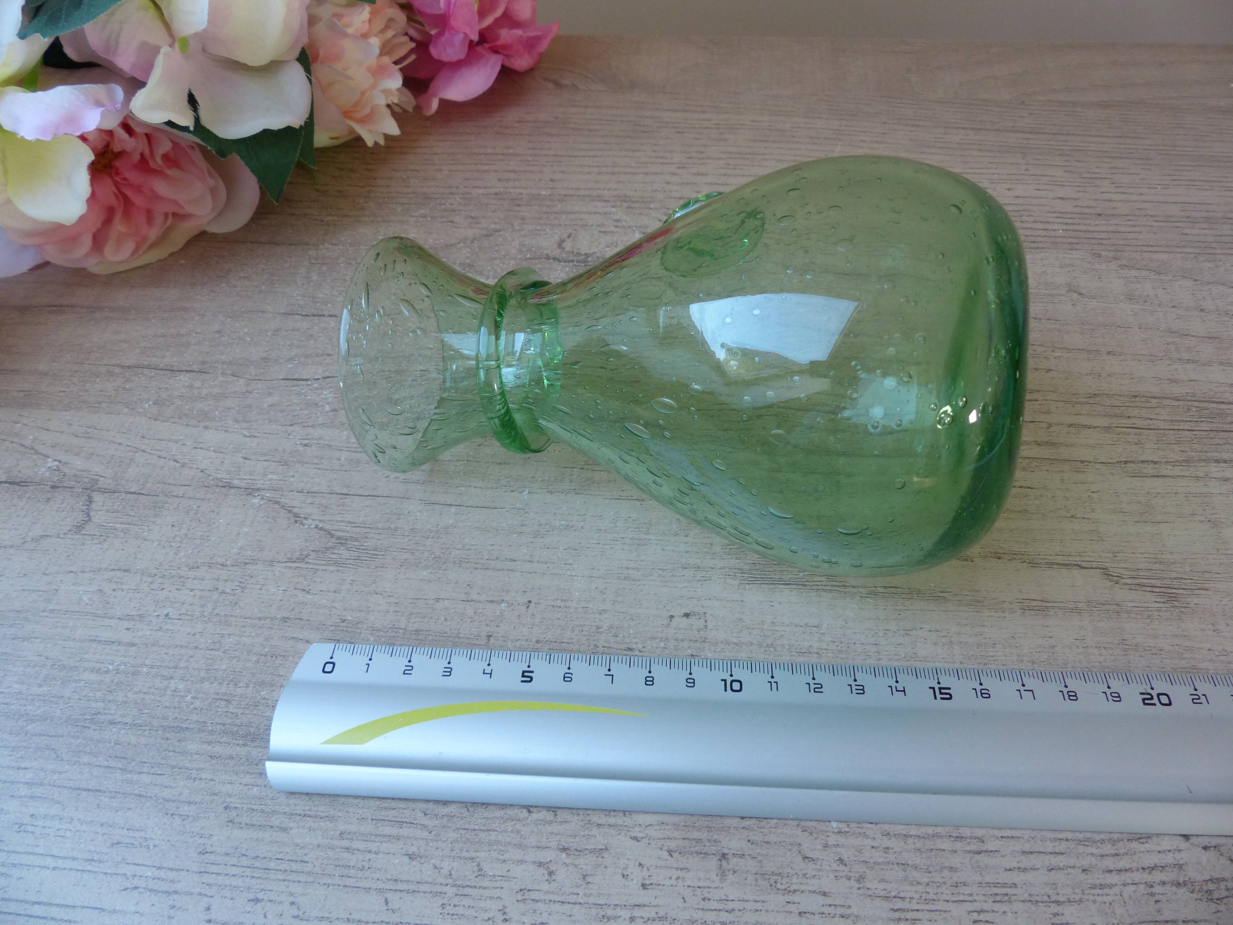 Small carafe in blown and bubble glass green color signed biot vintage