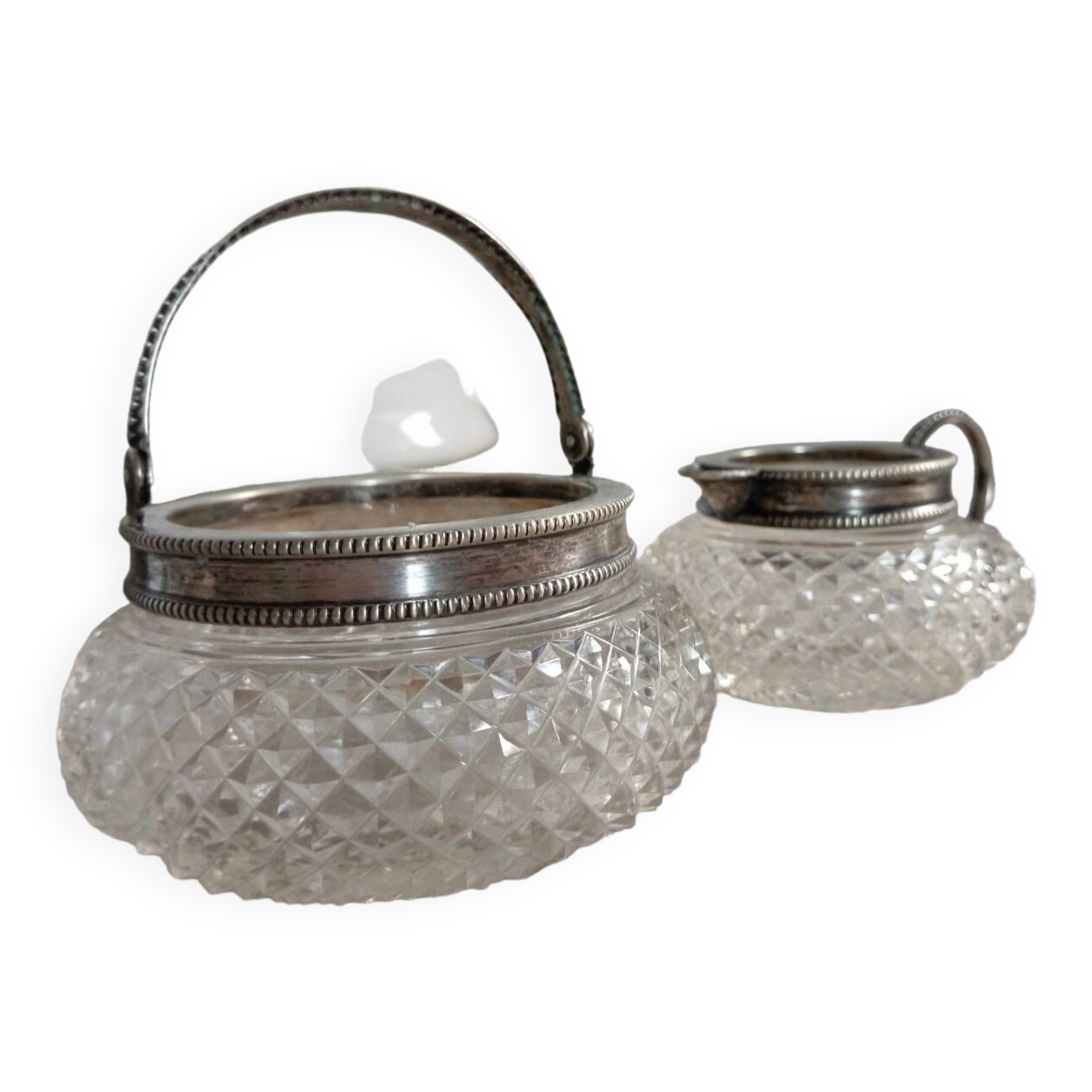 Creamer and jam maker in diamond-point crystal and silver rim, circa 1930