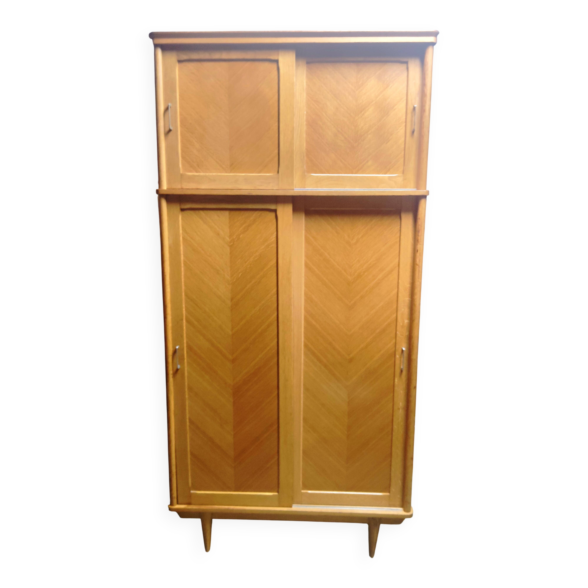 Vintage sliding wardrobe with 2 shelves, Scandinavian inspiration.