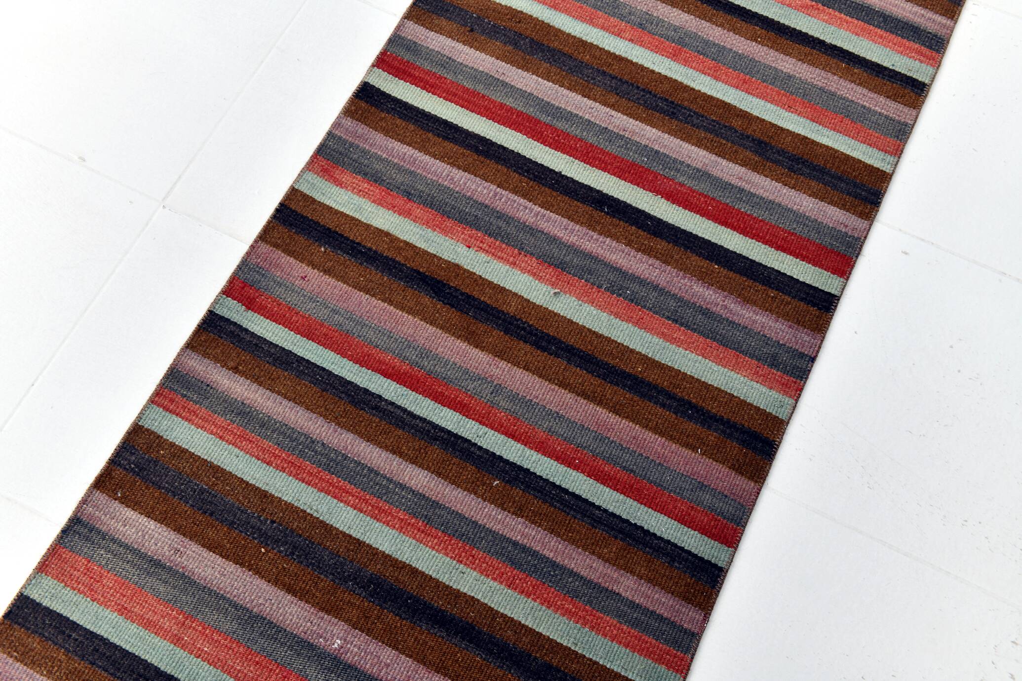 Tapis couloir artisanal, look bohème, couleurs pastel délavées, 415x70Cm